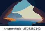 Sea cave carved into a rocky cliff, showcasing the interplay of light and water within the cave flat vector illustration