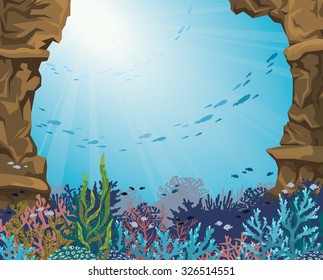 Sea cave and colorful coral reef with silhouette of fish on a blue background. Underwater sea world. Vector seascape illustration.