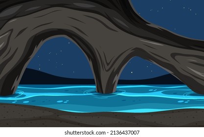 Sea cave at night background in cartoon style illustration