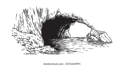 sea cave with rocky cliffs and water in black sketch outline