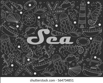 Sea chalky line art design vector illustration. Separate objects. Hand drawn doodle design elements.
