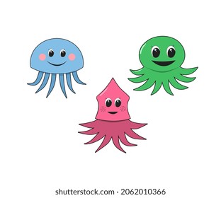 sea ​​animal character set, jellyfish, octopus and cuttlefish, simple design illustration