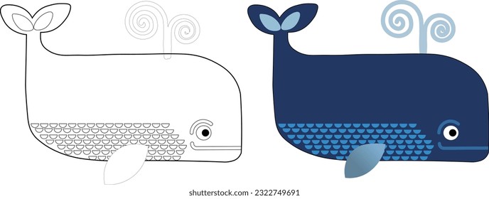 el carácter de pez marino, ilustración del nombre de una ballena, de un pez marino, para colorear.