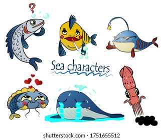 Sea characters vector, squid, fish, whale crying, fish with emotions, characters for comic book, for stickers.