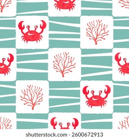 Sea checkered pattern with cute crabs and corals. Vector marine illustration
