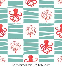 Sea checkered pattern with cute octopus and corals. Vector marine illustration