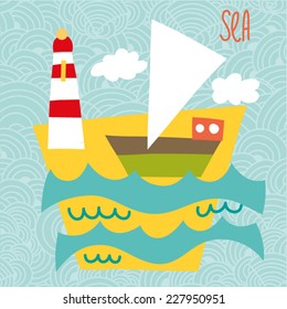 Sea childish background in vector.