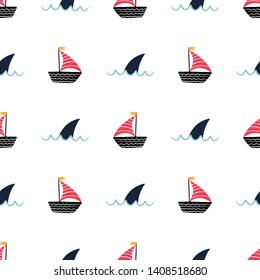 Sea childish pattern background. Sub marines and ships,  vector design for wrapping paper, textile, background fill design.

