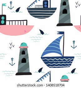 Sea childish pattern background. Sub marines and ships,  vector design for wrapping paper, textile, background fill design.
