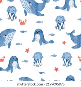 Sea Childish Pattern With Cute Marine Animals - Whale, Seal, Jellyfish And Crab. Vector Watercolor Underwater Life Illustration.