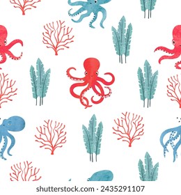 Patrón infantil de mar con pulpo lindo, corales y algas. Vector acuarela ilustración marina