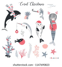  Sea Christmas concept clip arts set. Mermaid in pullover, seal in Santa hat, Narwhal  with decoration ball, whale in stripy scarf illustrations kit. Underwater creatures celebrating Merry Xmas.