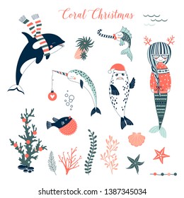 Sea Christmas concept clip arts set. Mermaid in pullover, seal in Santa hat, Narwhal with decoration ball, whale in stripy scarf cartoon illustration kit. Underwater creatures celebrating Merry Xmas.