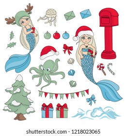 SEA CHRISTMAS New Year Color Vector Illustration Set