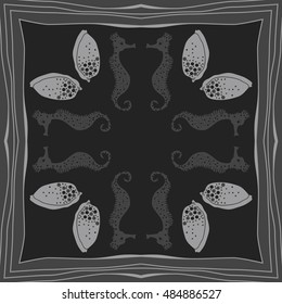 Sea circular  pattern, striped frame . Hand drawn.