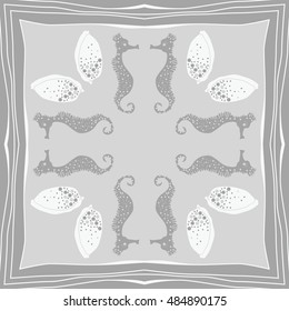 Sea circular  pattern, striped frame . Hand drawn.