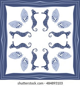 Sea circular  pattern, striped frame . Hand drawn.