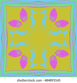 Sea circular  pattern, striped frame . Hand drawn.