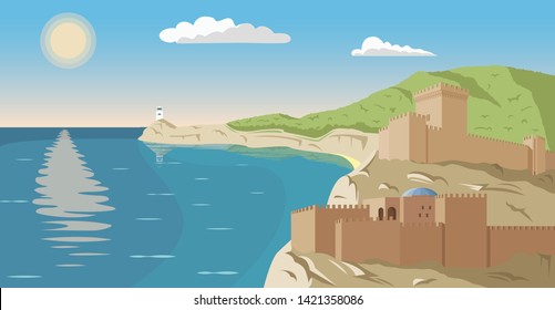 Sea cliff aerial view. Seaside vector illustration. Oceanside ancient castle picture