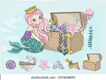 Sea Clipart MERMAID'S TREASURES Color Vector Illustration Blue Sea Ocean Underwater Magic Fairyland Cartoon Beautiful Princess Dolphin Jellyfish Gold Glitter Scrapbooking Print Card Album Babybook