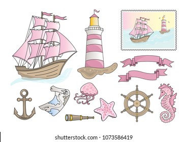 Sea Clipart PINK SEA Color Vector Illustration Magic Mystery Fairyland Cartoon Chip Boat Frigate Hand Wheel Lighthouse Jellyfish Scrapbooking Print Card Album Photo T-Shirt Babybook Travelbook