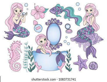 Sea Clipart PURPLE MERMAID Color Vector Illustration Set About Magic Cartoon Picture for Scrapbooking Babybook and Digital Print on Card And Photo Children’s Albums