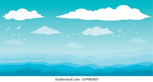 Mar y nubes, pájaro en el cielo, cielo, mar, escena, bello, fondo, agua, naturaleza, patrón, paisaje nublado, dibujos animados, paisaje, océano, ilustración vectorial