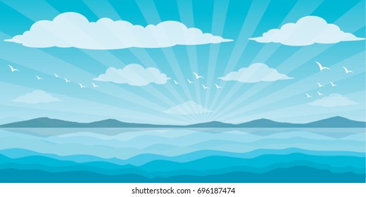 Sea and clouds, bird in the sky, sea, scene, beautiful, background, water, nature, pattern, landscape, ocean,  vector illustration