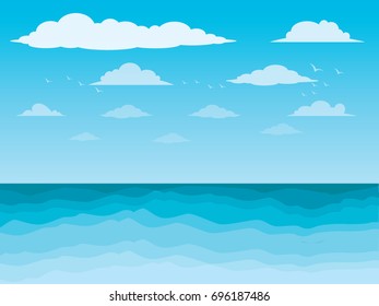 Sea and clouds, bird in the sky, sea, scene, beautiful, background, water, nature, pattern, cloudscape, cartoon, landscape, ocean, vector illustration