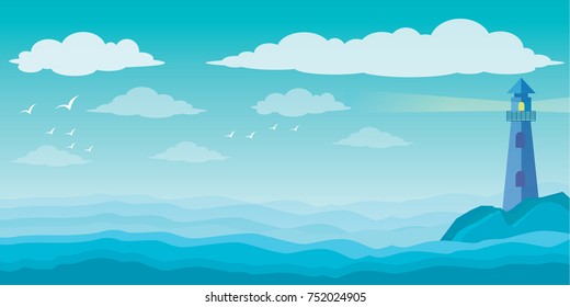 Sea and clouds, birds in the sky,  nature background, vector illustration