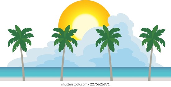 Sea, clouds, palms and sun landscape