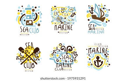 Sea Club Label Original Design with Yacht, Sea Fish and Lighthouse Vector Set