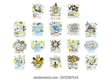 Sea club, marine club set for label design. Yacht club, sailing sports or marine travel vector Illustrations