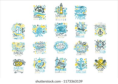 Sea club set for label design. Yacht club, sailing sports or marine travel hand drawn colorful vector Illustrations