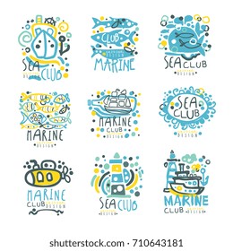 Sea club set for label design. Yacht club, sailing sports or marine travel hand drawn colorful vector Illustrations