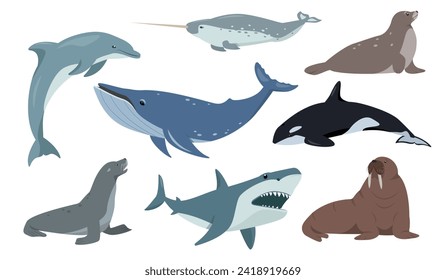 El conjunto de animales marinos y costeros. Mamíferos marinos, personajes de la fauna oceánica en diferentes poses. Animales acuáticos oceánicos. Ilustración del vector natural o de dibujos animados aislados en fondo blanco.