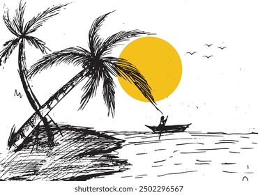 Sea coast beach black white landscape sketch | Mangalore beach view