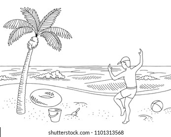 Sea coast beach graphic black white landscape happy jumping boy sketch illustration vector