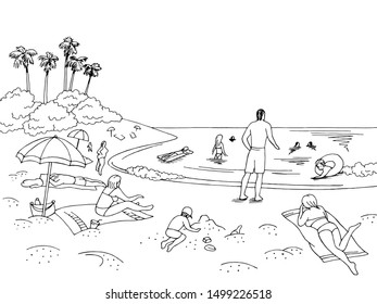 Sea coast beach graphic black white landscape sketch illustration vector