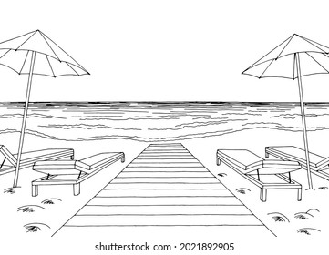 Sea coast beach graphic black white vacation landscape sketch illustration vector 