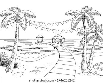 Sea coast beach party graphic black white landscape sketch illustration vector
