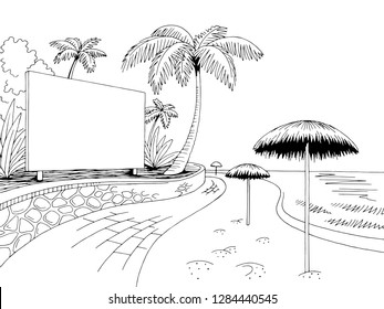 Sea coast beach road billboard graphic black white landscape sketch illustration vector
