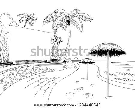 Sea coast beach road billboard graphic black white landscape sketch illustration vector