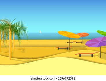 Sea coast, a beach from warm light sand. Parasol, rest on the shore of the warm sea. Vector illustration.