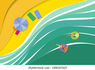 Sea coast, a beach from warm light sand. Parasol, rest on the shore of the warm sea. Vector illustration.