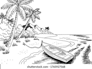 Sea coast boat graphic black white landscape sketch illustration vector