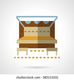 Sea coast cafe or bar with table, lights and chairs. Tropical rest. Outdoor party. Vector icon flat color style. Web design element for site, mobile and business.