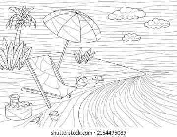 Sea coast coloring graphic black white landscape sketch illustration vector 