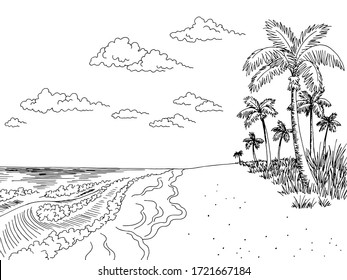 Sea coast graphic beach black white landscape sketch illustration vector