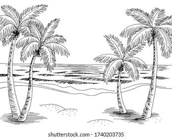 Sea coast graphic beach black white landscape sketch illustration vector